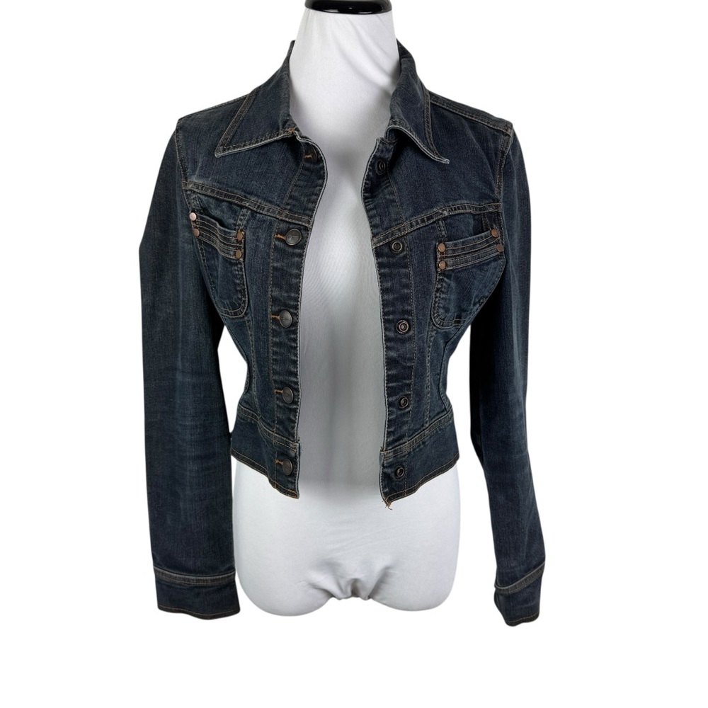 FUBU Blue Denim Snap Front 2 Chest Pockets Cropped Jean Jacket Women's Small‎